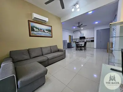 a living room with a couch and a dining room at Cozy Nest - Sky Garden Residence Ipoh in Chemor