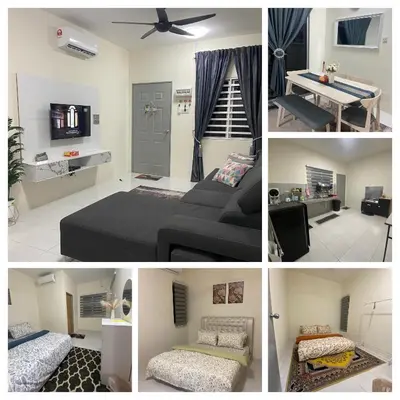 a collage of four pictures of a living room at Homestay RumahKita di Seri Iskandar in Seri Iskandar