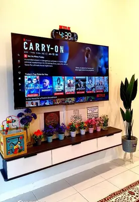 a large screen on a wall with potted plants at Homestay Iman Seri Iskandar Uitm Perak Utp in Seri Iskandar