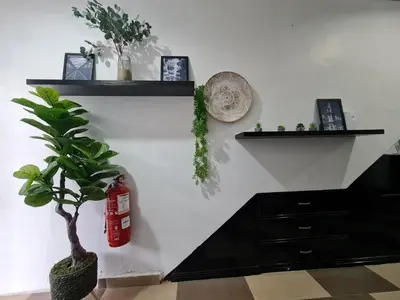 a room with two black shelves and a plant at OYO 90936 Hotel Manjoi Inn Ipoh in Jelapang