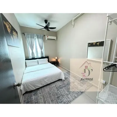 a bedroom with a bed and a ceiling fan at D' Alyssa Homestay Perda in Bukit Mertajam