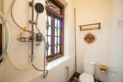 a bathroom with a shower with a toilet and a window at LINN House Peranakan Residence George Town in George Town