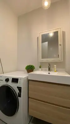 a bathroom with a washing machine and a sink at GardenView Home in Sungai Petani in Sungai Petani