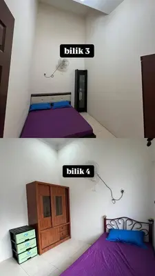 two pictures of a bedroom with a bed with purple sheets at Azriff homestay in Seri Iskandar