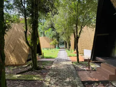a cobblestone path between two buildings with trees at Kuala Woh Resort in Tapah