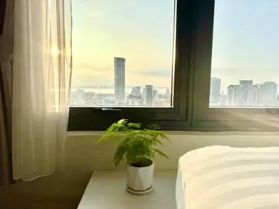 a potted plant sitting on a window sill next to a bed at Tropicana 218 Macalister #Georgetown #Infinity Pool #2pax studio suite #1 Queen #Quality well maintained #Private host in George Town
