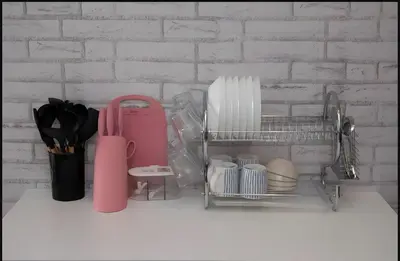 a kitchen shelf with utensils and a pink refrigerator at Serene Minimalist Family Retreat 2-7pax &Sunrise View in Brinchang