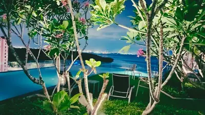 a view from the garden of the pool through the trees at 3BR urban suites 8-10pax luxury family stay netflix in Jelutong