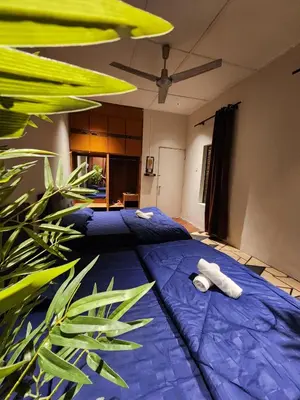 a bedroom with two beds with blue sheets and a plant at Sun Rock Home by Ipoh Maju Stay in Ipoh