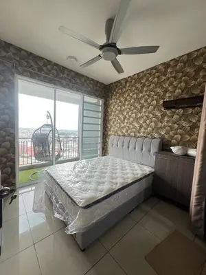 a bedroom with a bed with a ceiling fan at The Majestic Ipoh 3R2B SLY Home Twin City view unit in Ipoh