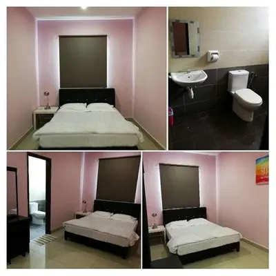 three pictures of a bedroom with a bed and a bathroom at Ariela Homestay in Ipoh