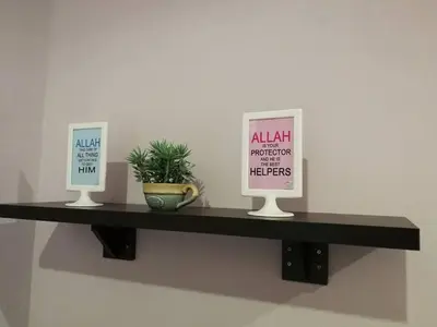 a shelf with two posters and a plant on it at Ariela Homestay in Ipoh