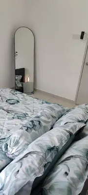 a bedroom with a bed and a mirror at DeRose Homestay, Pekan Ipoh in Ipoh
