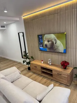 a living room with a tv with a dog on the screen at Penginapan Jolra S3 in Sungai Petani