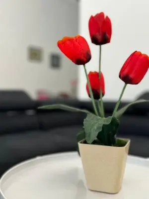 a vase filled with red flowers on a table at Yipstay Gopeng HomeTown in Gopeng