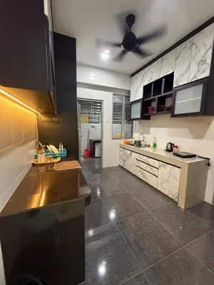 a kitchen with a ceiling fan in a room at Venus Home 3Room Pool,PlayGround,Free Wifi,6Pax in Seri Manjung