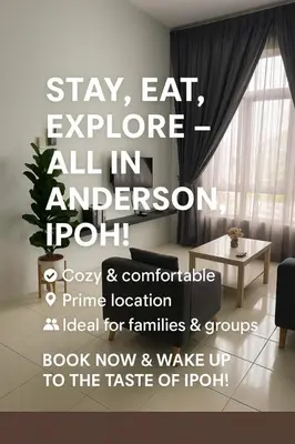 a poster of a living room with the words stay eat explore all in at Ipoh Cozy Stay Near Town & Park in Ipoh