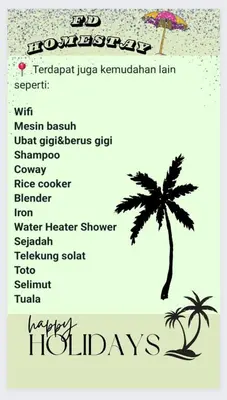 a flyer for a hawaiian vacation with a palm tree at FDhomestay in Kampung Baharu Batu Dua