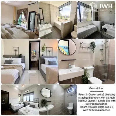 a collage of four pictures of a hotel room at Ipoh Lahat Mines Private Pool Lake Villa by IWH Suites in Lahat