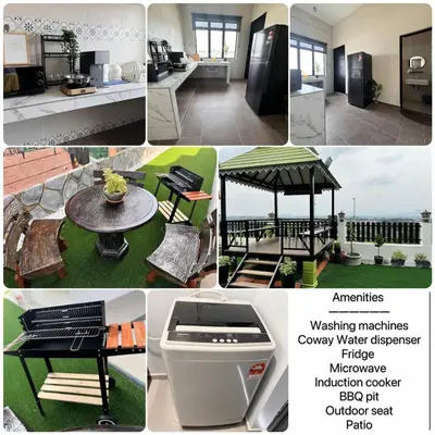 a collage of pictures of a kitchen and a house at Ipoh Lahat Mines Private Pool Lake Villa by IWH Suites in Lahat