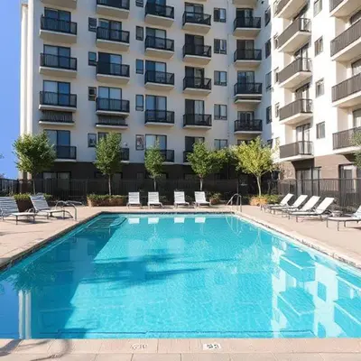 a large swimming pool in front of a building at Jazz Suites Penang in Tanjong Tokong