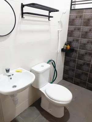 a bathroom with a toilet and a sink at Homestay Bunga Raya Wifi Netflix in Sitiawan