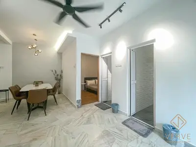 a dining room with a table and a ceiling fan at Ipoh C Private Club House by Verve EECH109 in Ipoh