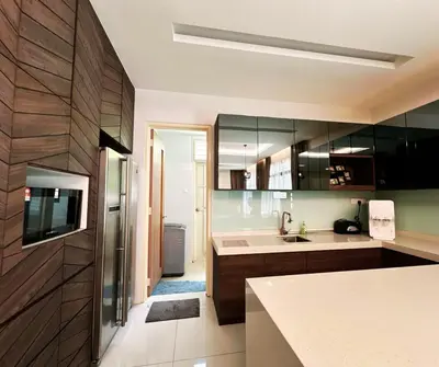a kitchen with a sink and a refrigerator at Large Family Villa Beach & Night Market Steps Away 20 Pax in Batu Ferringhi
