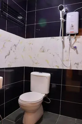 a bathroom with a toilet and a shower at Hotel Aaraa in Brinchang