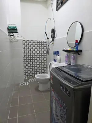 a bathroom with a toilet and a mirror at Aqimi Homestay in Seri Iskandar