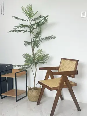 a table and a chair next to a palm tree at Muji Zen Minimalist Guest House in Teluk Intan