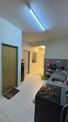 a room with a kitchen with a sink and a door at Homestay Tapah by homestay uitm tapah in Tapah Road