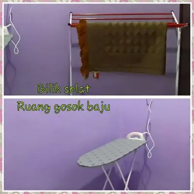 two pictures of a towel rack in a purple room at Zara's Homestay in Kuala Kurau