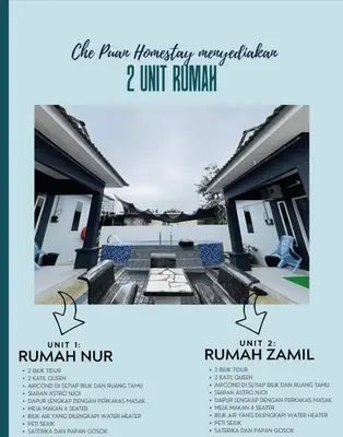 a flyer for a house rental in ruri rumah kunit rumahu at Che Puan Homestay Baling - 2 unit house with kids pool in Baling