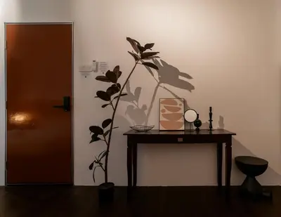 a plant sitting on a table next to a door at Aayu Chowrasta - 3 mins walk to Penang Road Chendul in George Town