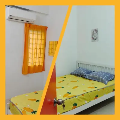 two pictures of a bedroom with a bed and a window at Luna Homestay Lumut in Lumut