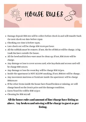 a page of a house rulesletter with a picture of the sun and clouds at Padang Serai Wangi Homestay 55 in Gua Sai