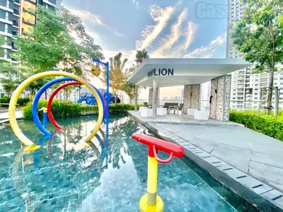 a pool with a water slide in a building at Urban Suites #Tiny walnut 2BR1bath suite #Infinity Pool #4pax #2 Queens #Quality well maintained #Private host in Jelutong