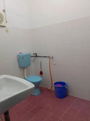 a bathroom with a blue toilet and a sink at Homestay Melati in Ipoh