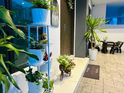 a rack with potted plants on the side of a building at Ethereal Ipoh Homestay in Ipoh