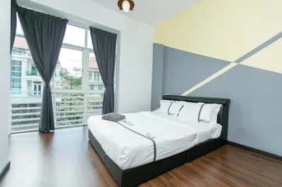 a bedroom with a bed and a large window at Tanjung Bungah Villa 20 pax Mahjong Snooker and More Close to Beach in Tanjung Bungah