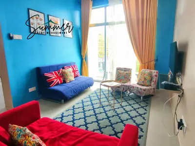 a blue living room with a blue couch and chairs at CAMERON HIGHLAND Homestay 1 min To Pasar Malam Brinchang By SummerStay 4 - 5pax in Brinchang