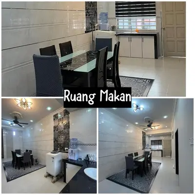 a collage of two pictures of a kitchen and a dining room at Family friendly flower homestay-3bedroom in Gerik