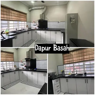 two pictures of a kitchen with a sink and a window at Family friendly flower homestay-3bedroom in Gerik