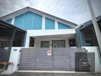 a blue and white house with a gate at Homestay Meru Ipoh Mus Lim Only Tropical White House in Ipoh