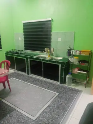 a kitchen with a sink and a green wall at Homestay Saadiah in Sungai Besar