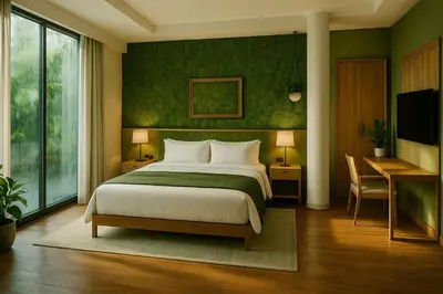 a bedroom with a bed with a green wall at Alambadet Vesat in Gopeng