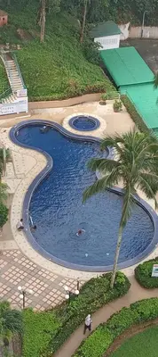 an overhead view of a swimming pool with a palm tree at Risma Homestay in Batu Ferringhi