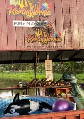 a sign for a store with a shark and other items at Kerlingfornia Pond View Homestay and Farmstead in Kerling
