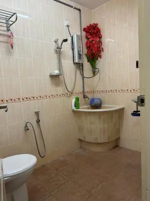 a bathroom with a shower with a toilet and a sink at Taman Gerik Homestay in Gerik